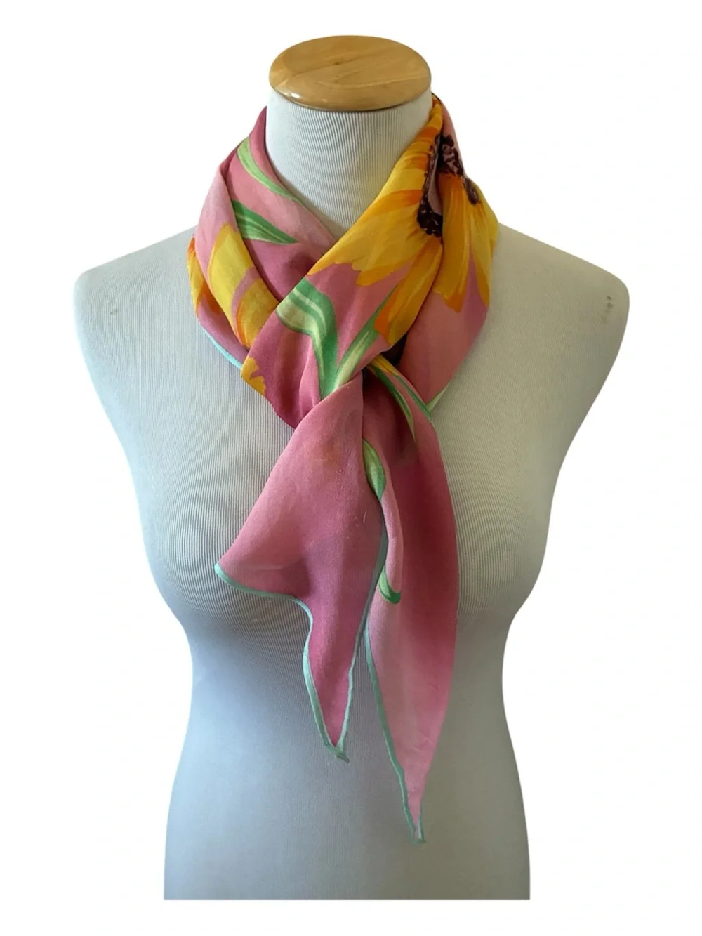 Vintage Ralph Lauren Collection Silk Chiffon Pink Yellow Sunflowers Scarf 13x68